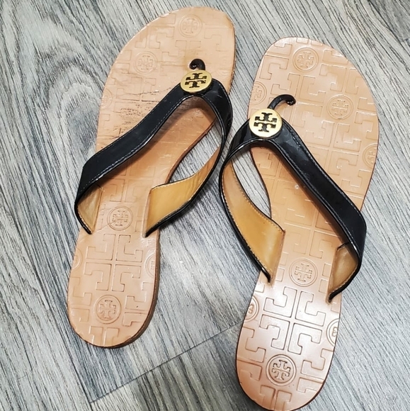 Tory Burch Thora Thong Black Patent Leather Brown Flat Sandals Women’s Size 8M🌴 - Picture 7 of 11